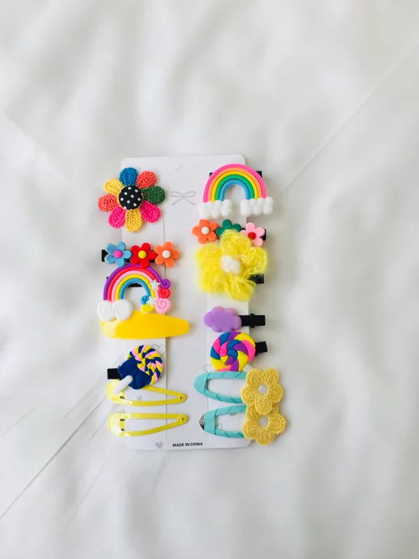 Vibrant Rainbow Pom-Pom & Crochet Flower Hair Clip Set (14-Piece)
